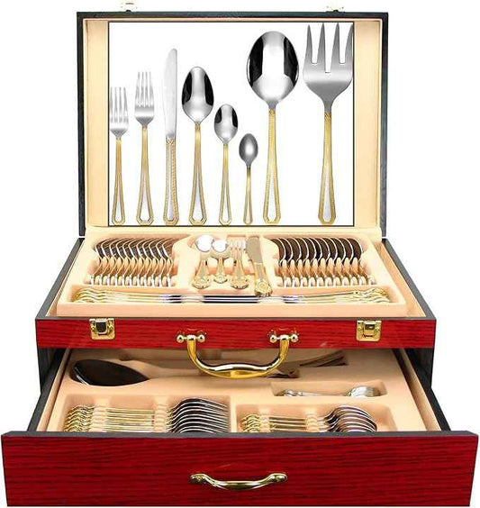 75-Pc Luxury Gold Flatware Set for 12 w/Wooden Storage Case, 24 kt Plated Premium Dining Cutlery Service, 18/10 Surgical Stainless Steel Silverware Hostess Serving Set in a Chest
