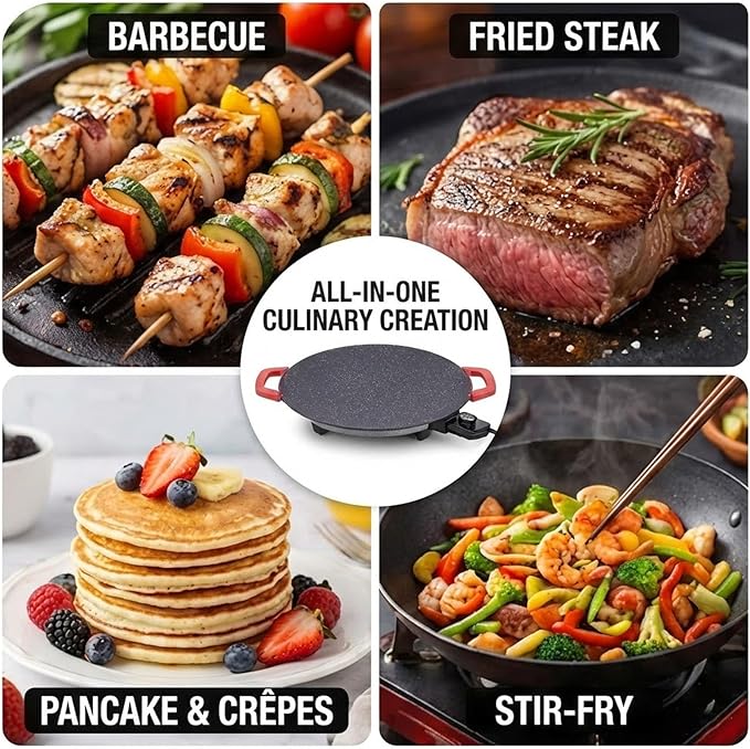Non-Stick Electric Indoor Grill Pan, Smokeless Electric Griddle with Temperature Control, Round Baking Pan for BBQ, Steaks, Pancakes & Comal Electrico para Tortillas (36cm/14.2in)