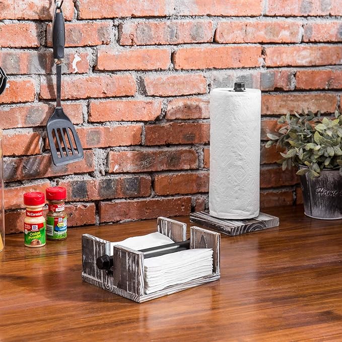 MyGift Paper Towel and Napkin Holder Set, Countertop Torched Wood and Industrial Metal Paper Towel Holder and Flat Napkin Holder with Weighted Arm