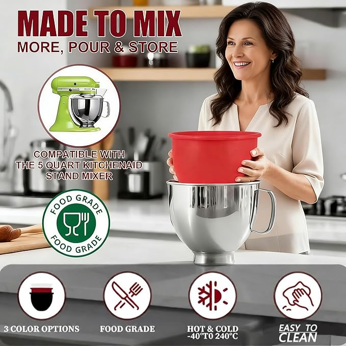 3PCS Silicone Bowl Liners with Lids,5Qt Tilt-Head Silicone Liners for Kitchenaid Stand Mixer,Odourless,Thicker, Cold/Heat-Resistant & Non-Stick, Easy Clean(Red+White+Black)(with Oven mitts)