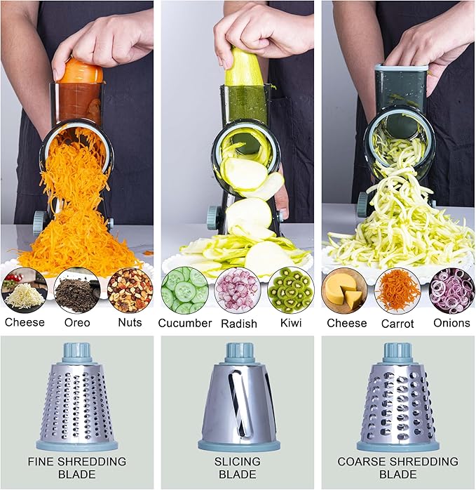 Rotary Cheese Grater Cheese Shredder, Cheese Grater Handheld with Strong Suction Base,Kitchen Vegetable Slicer 3 Replaceable Stainless Drum Blades for Fruit, Food, Nuts,Easy to Use Clean (Blue)