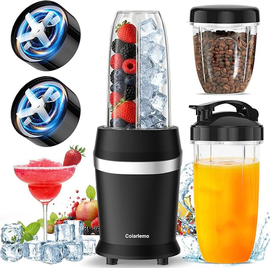 Colarlemo 12-Piece Smoothie Blender Maker 25,000 RPM Personal Blender for Ice Crushing Smoothies & Frozen Drinks Nuts with 23oz, 32oz, 37oz Portable Cups Two 6-Leaf Stainless Steel Blades, Matte Black