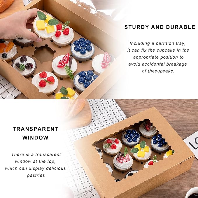 Hoewina 6PCS Cupcake Boxes - Hold 12 Count Cupcake Containers with Window, Food Grade Cupcake Holder Easy Transport and Presentation - Ideal for Cupcakes, Desserts, and More (Brown)