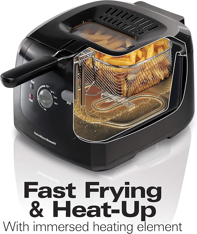 Hamilton Beach Cool Touch Electric Deep Fryer with Basket and Lid, 2 Liters / 8 Cups Oil Capacity, Adjustable Temperature, 1500 Watts for Fast Heat-up, viewing Window Easy to Clean, Black (35021)