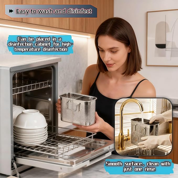 304 Stainless Steel Utensil Drainer, 2-Tier Silverware Drying Rack with Hooks, Anti-Rust Kitchen Sink Organizer & Cutlery Holder for Dishwasher, Countertop Space-Saving Storage, Brushed Finish