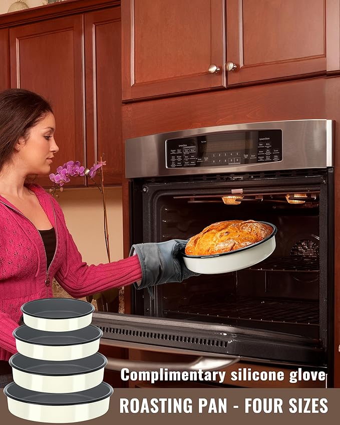 Enamel Round Roasting Pan Set Baking Dish 4-Pack 9/10/12/14 Inch High Temperature Resistance Bakeware for Pizza Chicken, Oven Dishwasher Safe Birthday Mother Day Gift for Wife & Mom Cake Pan