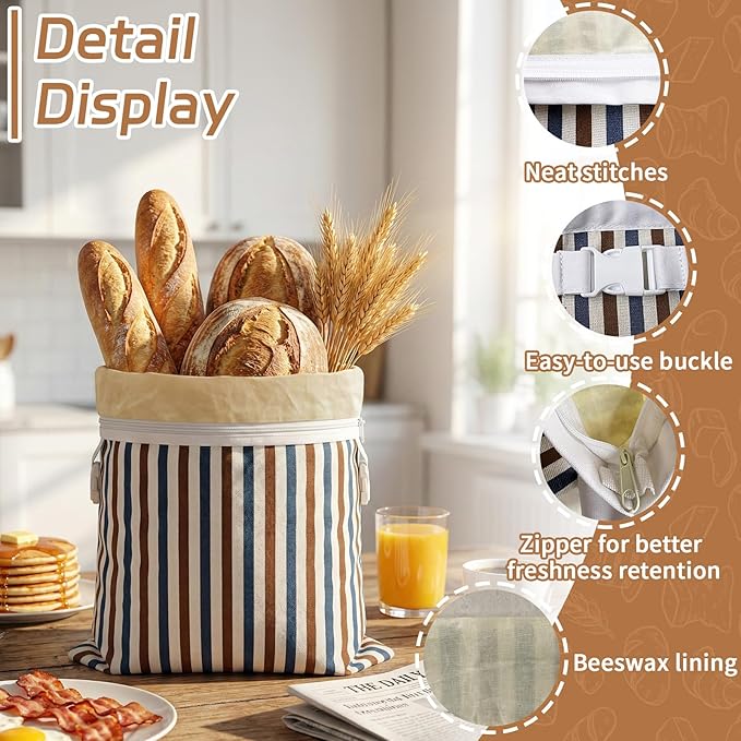 Reusable Beeswax Bread Bags-17"x13" Large Bread Bags for Sourdough & Homemade Cloth BreadBags Keeps Fresh Longer 2Pack (Vertical stripe pattern) | Stripe Pattern, Beeswax keep fresh, Large Size, Zipper, Snap-on