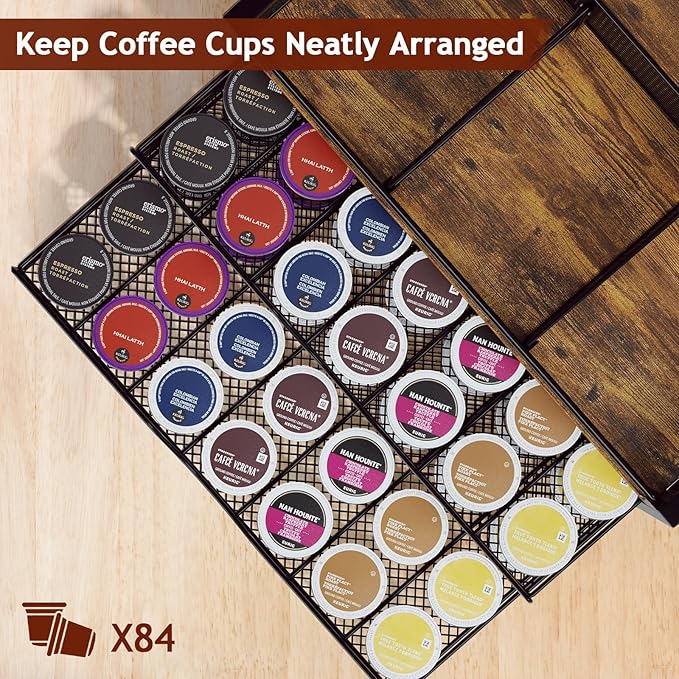 Homsorout Coffee Bar Organizer - Coffee Station for Countertop, Metal and Wood K Cup holder Storage Basket for Coffee Pods, Syrup, Cups, Stirrer, Coffee Condiment, Tea Organizer, Black and Brown