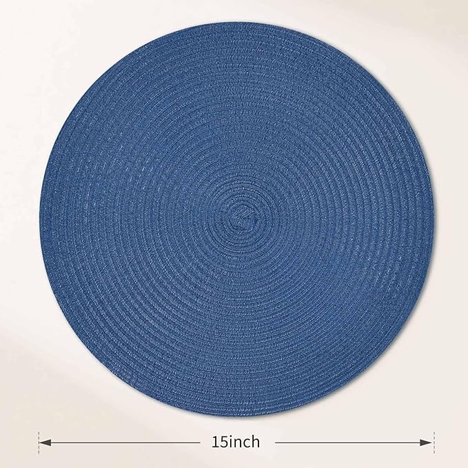 FunWheat Round Braided Placemats Set of 6 Place mats for Dining Tables Woven Heat Resistant Table Mats 15 inch (Blue,6pcs)