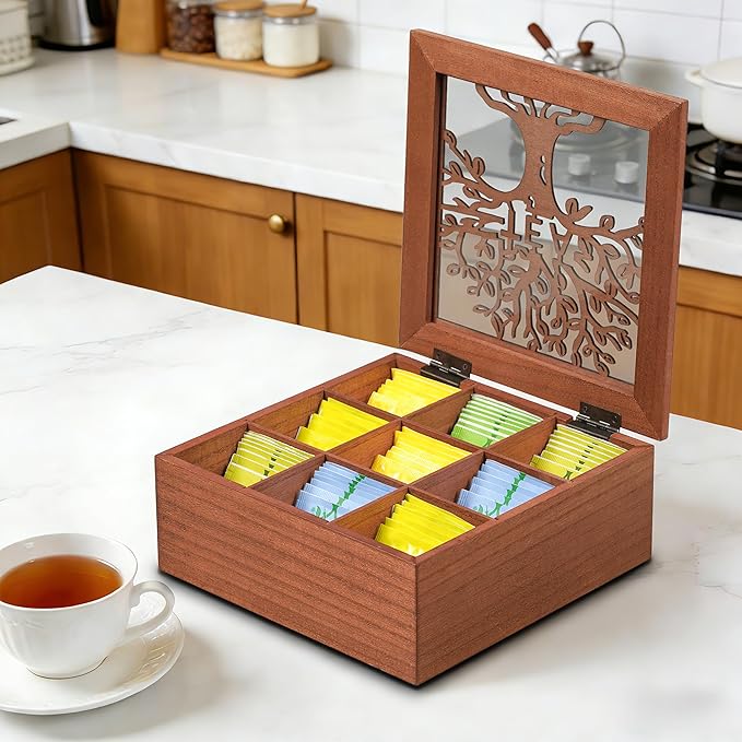 handrong Wood Tea Box Organizer,Tea Organizers and Storage with Tree Pattern,Tea Bag Holder,Decorative Tea Storage Organizer Box,9 Compartments Tea Organizer for Tea Bags Coffee