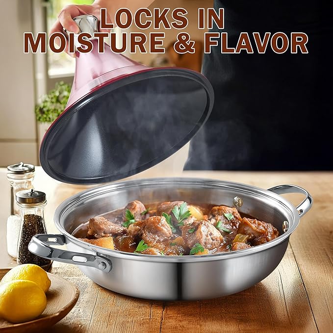 DM Tagine Pot, 11 Inch 3.6 Quart Moroccan Clay Tagine Pot Alternative, Multi-Ply Clad Stainless Steel, Traditional Cooking Pot with Die-Cast Aluminum Red Conical Lid and Stainless Steel Knob