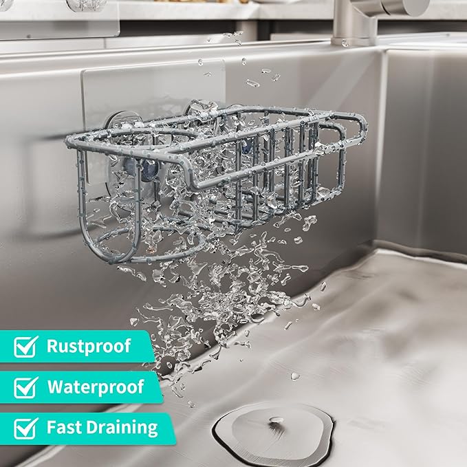 HapiRm Sink Caddy Sponge Holder - No Drill Sponge Holder for Kitchen Sink, Rustproof and Waterproof Kitchen Organizer - Grey