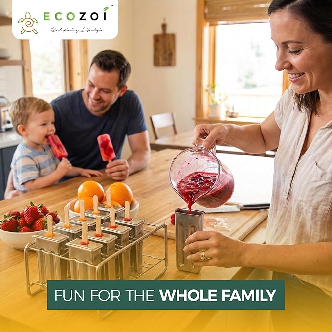 ecozoi Stainless Steel Popsicle Molds and Rack - 10 Square Ice Pop Makers + 50 Reusable Bamboo Sticks + 20 Silicone Seals + 1 Cleaning Brush + 1 Rack