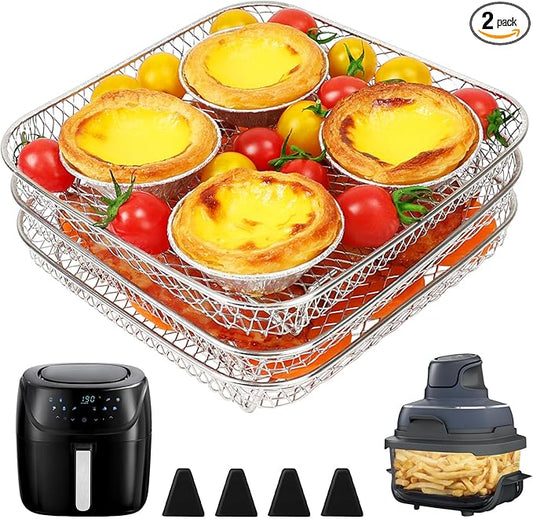 BYKITCHEN 7 Inch Air Fryer Rack Fit for Ninja Crispi/Ninja Pro 5QT/ Cosori 5QT/ Chefman 5-6QT Airfryer &More, Air Fryer Accessories, 3pcs Stackable Stainless Steel Airfryer Basket with Silicon Feet