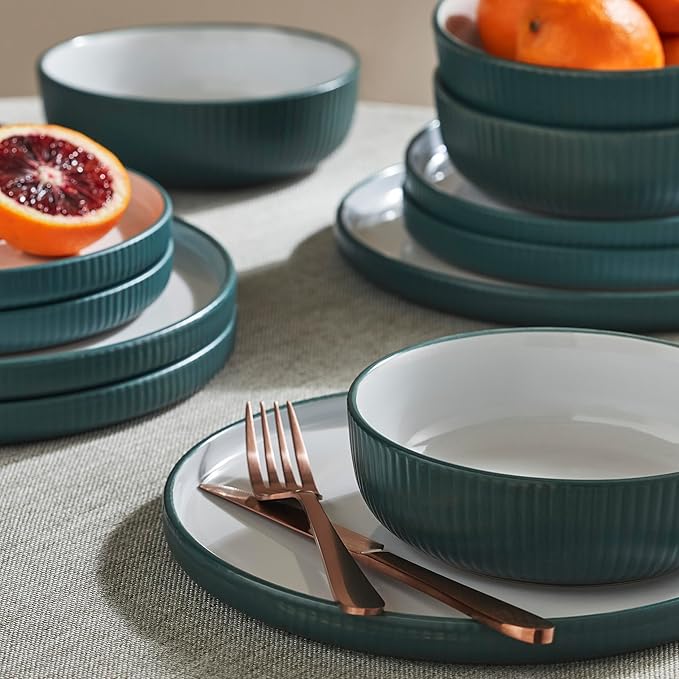 Christian Siriano Laro 12-Piece Stoneware Dinnerware Set, Plates and Bowls Set, Microwave and Dishwasher Safe, Dish Set for 4, Green
