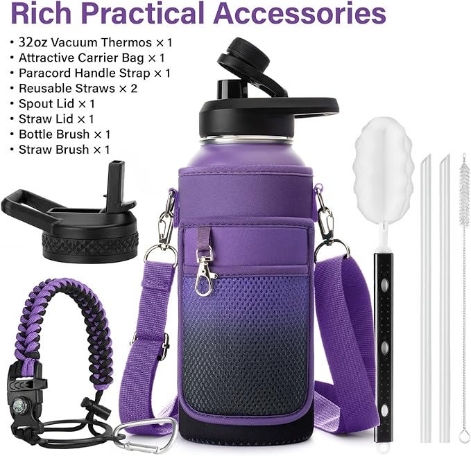 DYSANKY Insulated Water Bottle | Thickened Stainless Steel Vacuum Metal | Portable Sports Water Jug for Gym and Hiking with Straw, Carrier Bag, Handle Strap | BPA-Free 32 oz