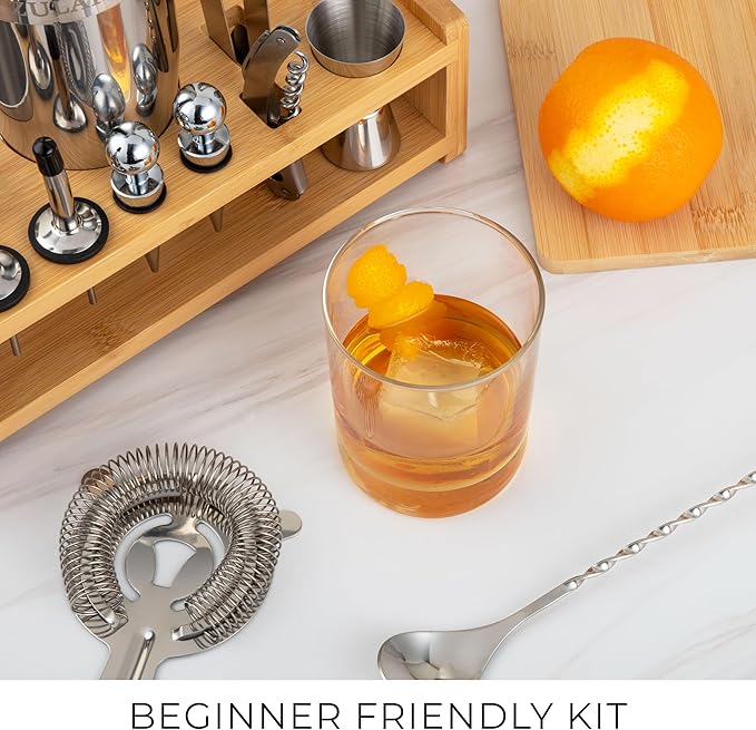Zulay Kitchen 24 Piece Bartender Kit-Stainless Steel Bar Accessories with Display-Modern Mixology Shaker Set for At-Home Cocktails-Use for Mixer, Martini, Margarita and Liquer-Bar Tools (Silver)