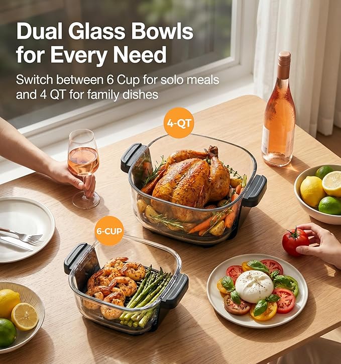 5-in-1 Glass Air Fryer for Healthy Oil-Free Cooking, Portable 1500W Countertop Cooker with 4QT & 6-Cup Glass Bowl, Non-Toxic Design & Dishwasher Safe for Single & Family Meals