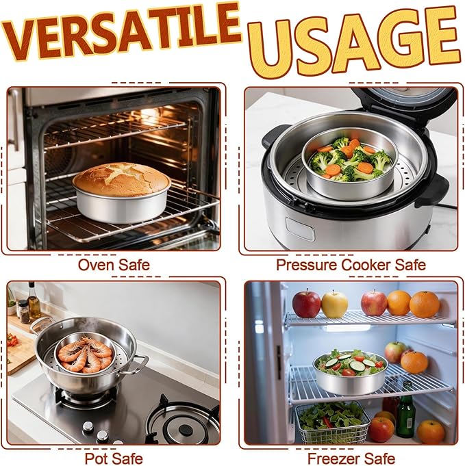 P&P CHEF 7 Inch Cake Pan Set of 4, 4 Pieces Round Layer Cake Baking Pans, Stainless Steel Smash Cake Tin Bakeware for Cooking Steaming, Nontoxic & Sturdy, Oven & Dishwasher Safe