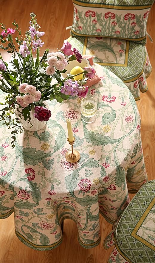 patdrea Designer Green Small Tablecloth for Round Table,Vintage Linen Leaves Pattern Table Cloth,Floral Decor Cover for Kitchen Dining Christmas,Thanksgiving,Tea Party,Diameter 55"-Cecilia a