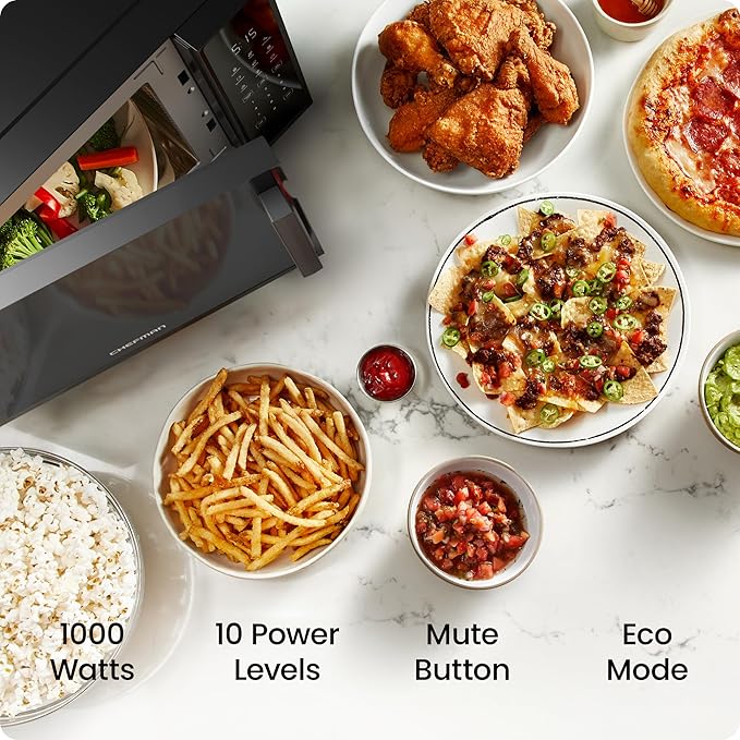 Chefman Countertop Microwave Oven 1.1 Cu. Ft., 1000 Watts with 10 Power Levels, 6 Cooking Presets with One-Touch Express Cook, Eco Mode, Child Safety Lock, & Mute Button - Black