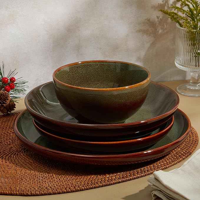 16 Piece Double Bowl Dinnerware Sets with Pasta Bowls, Highly Chip and Crack Resistant Plates and Bowls Sets, Natural Earthyware Ceramic Dishware Sets, Service for 4 Sage Green