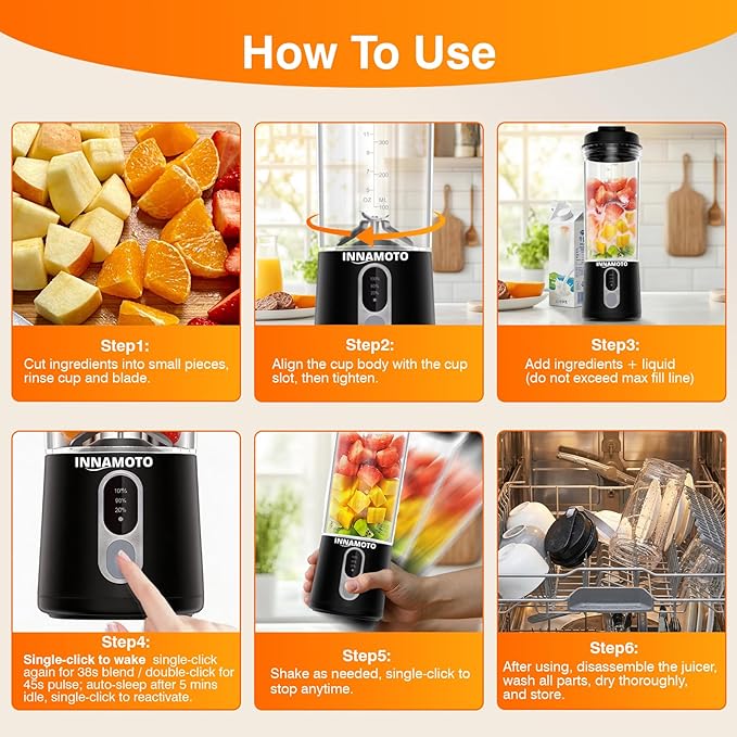 Cordless Portable Personal Size Blender - 20oz Mini Blender for Smoothies and Shakes, BAP Free Juice Cup With Leak-proof Travel Lid, Type-C Rechargeable Freshly Squeezed in Picnic/Office/Gym
