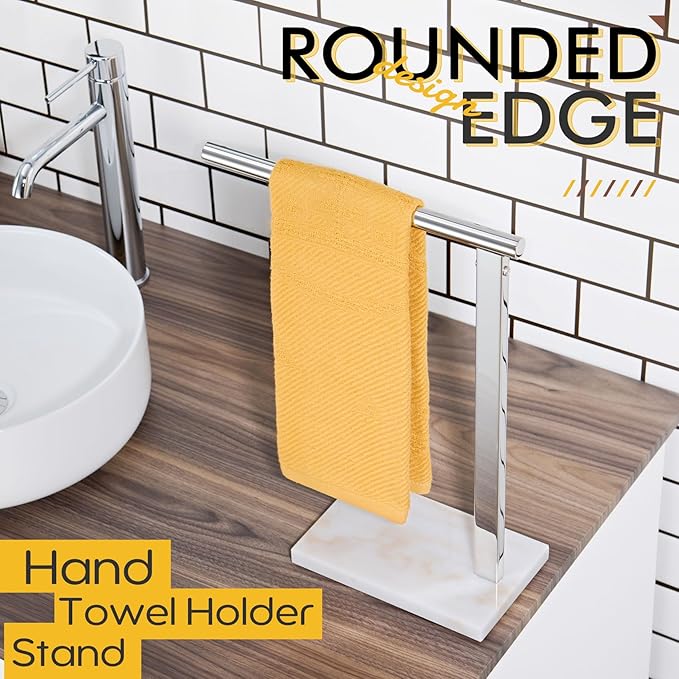 KOKOSIRI Hand Towel Holder Stand Towel Rack with Steady Marble Base for Bathroom Vanity Countertop, Polished Stainless Steel 15.7'' Height THS0006-CH