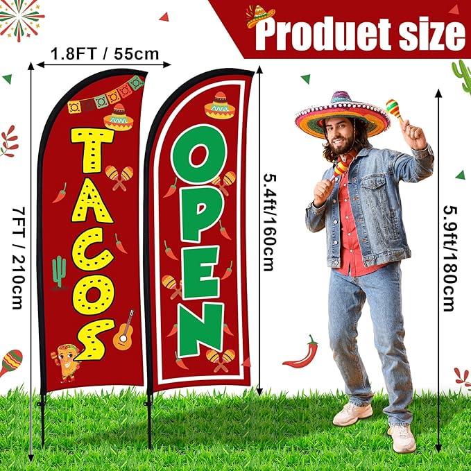 Buryeah Feather Banner Feather Flag Taco Sign Business Signs for Outside Open Flags for Businesses with Pole Ground Stake Portable for Mexican Restaurants, Diners, Markets (Red)