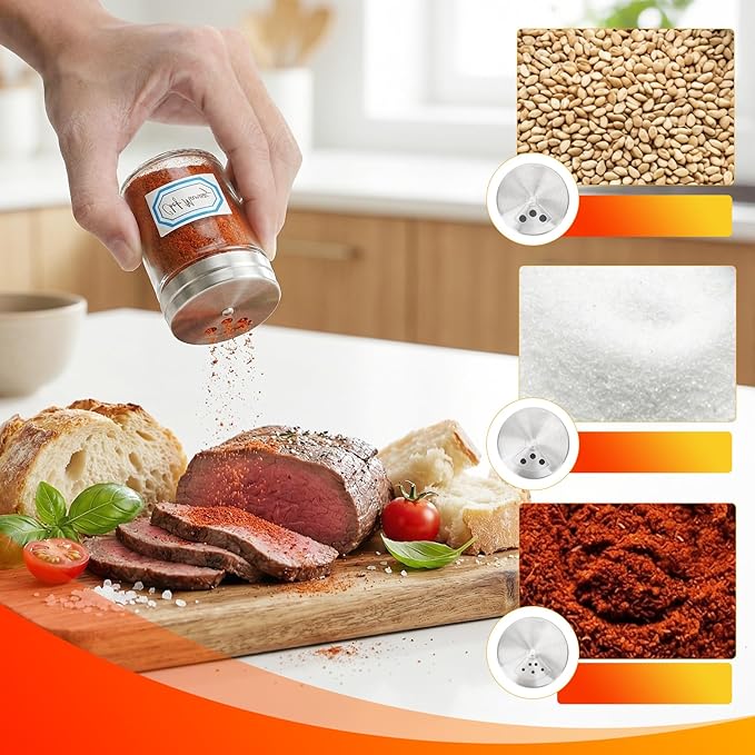 Segarty 6 Pack 1.7oz Salt Shakers Adjustable Metal Lids, 50ml Portable Glass Seasoning Container for Sugar Sesame Pepper, Kitchen Organizer Spice Bottles with 6 Stickers Storage Set for Cabinet Picnic
