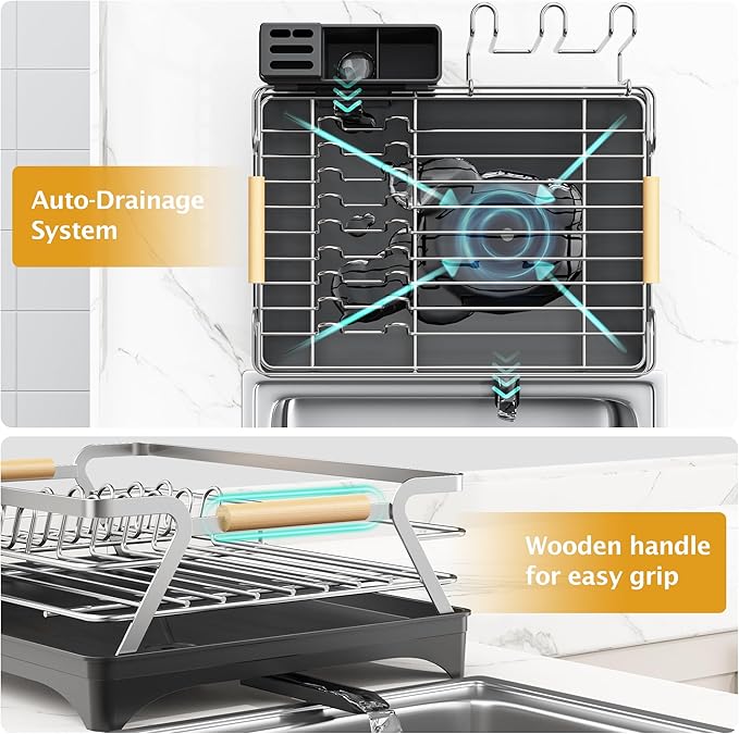 Epicano Dish Drying Rack for Kitchen Counter,Space-Saving Dish Rack,Rustproof Dish Drainer with Utensil Holder and Knife Slots for Sink,Kitchen Drying Rack with Wooden Handle and Cup Holder, Silver