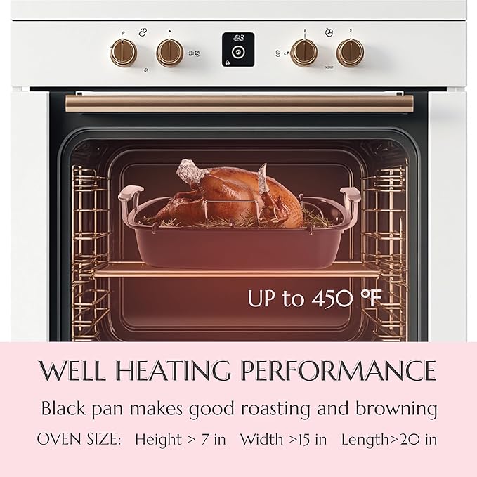 Uukrave Nonstick Turkey Roasting Pan with Rack - Large 18.5 x 14.6 Inch Heavy Duty Roaster for 25 lb Turkey or Chicken, Deep Oven Tray with U-Rack and Wide Handles, Non-Toxic, Black