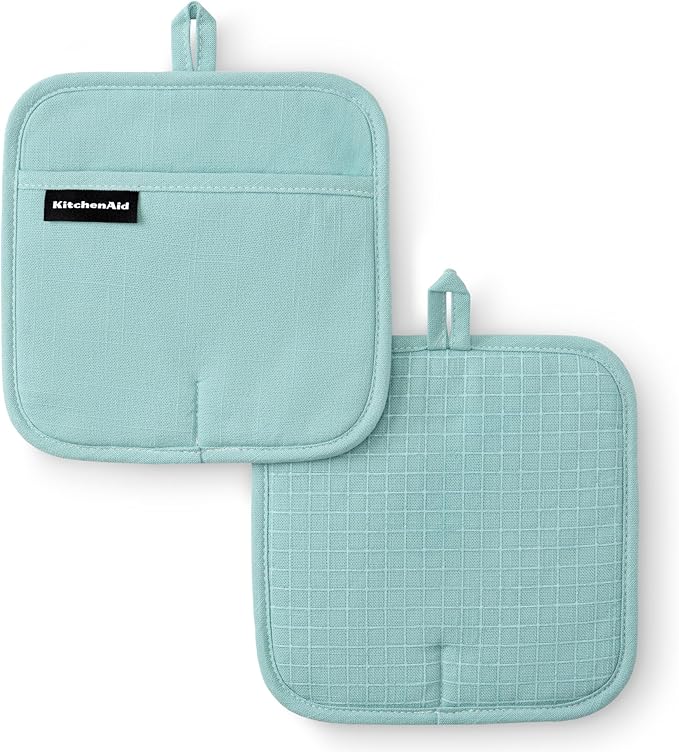 KITCHENAID Gourmet Series Gridlines Pot Holders 2-Pack Set, Heat Resistant up to 600°F, Soft Silicone Grip, Magnetic Cuff, Mineral Water Aqua, 8"x8"