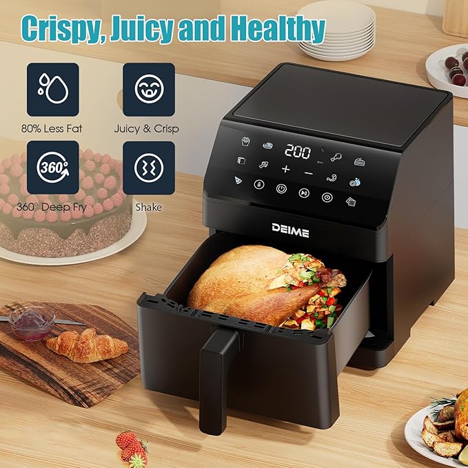 DEIME Air Fryer 6.5 QT 12-in-1 Dual heating for 360° Crispy Meals Large Capacity Oven Air Fryers Healthy Cooker with Fast Cooking with Bake, Roast, Broil, Non-Stick Basket