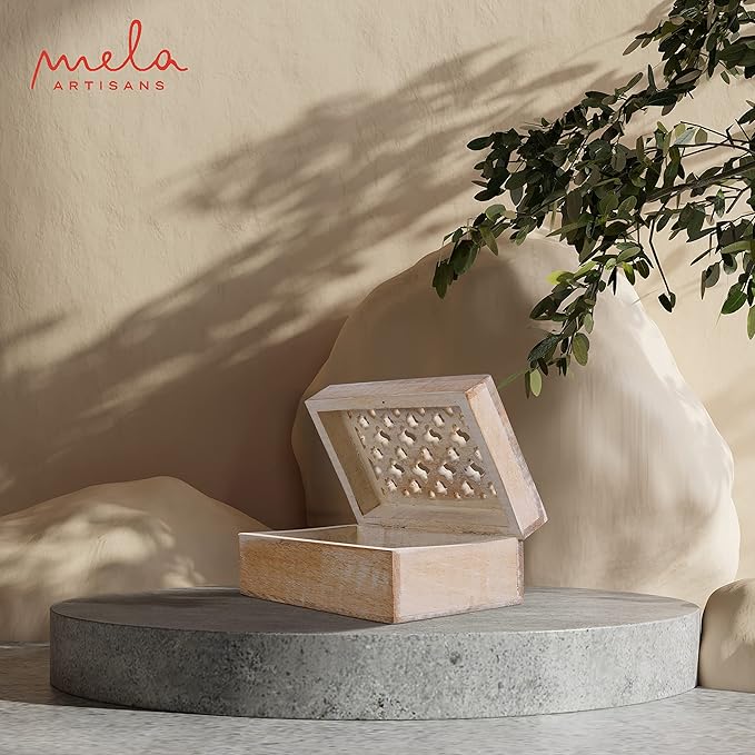 Mela Artisans Trellis Mango Wood Decorative Storage Box – Hand-Carved Wooden Jewelry Box for Keepsakes, Accessories & Home Decor – Whitewash, Medium, 7.5 x 4.5 x 3