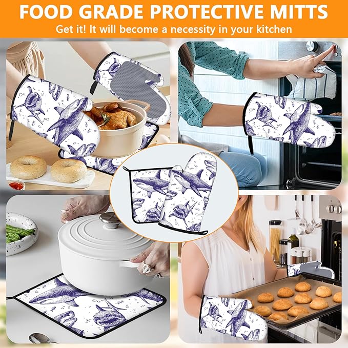 Cool Shark Oven Mitts and Pot Holders Sets 4Pcs Silicone Non-Slip Mitts Heat Resistant Gloves Hot Pads for Kitchen Cooking Baking Grilling BBQ