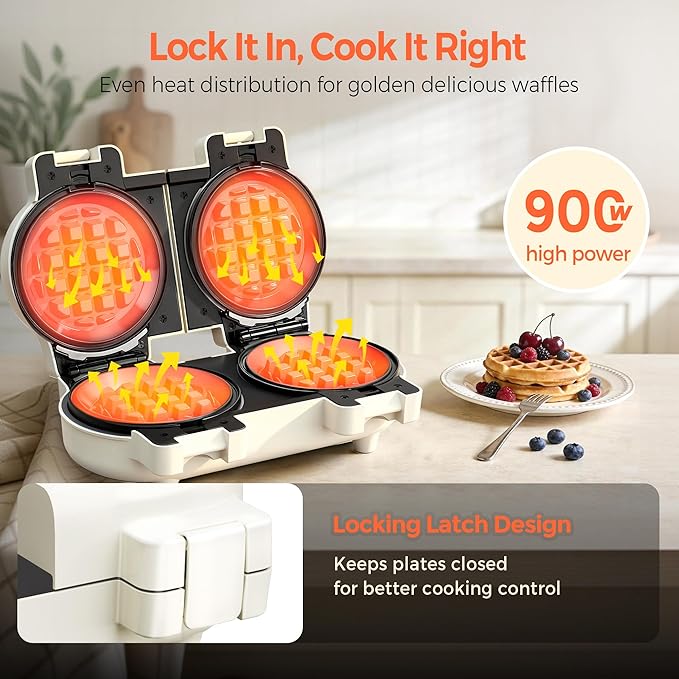 2-in-1 Double Waffle & Pancake Maker - CACHOO Mini 4" Nonstick Waffle Iron & Small Round Griddle with 4 Removable Plate Sets, Dishwasher Safe, Perfect for Small Spaces, Apartments & Dorms, Cream