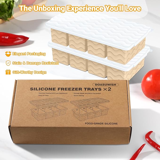 Doasuwish Silicone Freezer Tray for Soup with Lid – 1-Cup Soup Container Cube Style Ice Cube Trays for Freezer, Meal Prep & Food Storage, Freeze 250mL/125mL Portions – 2 Pack