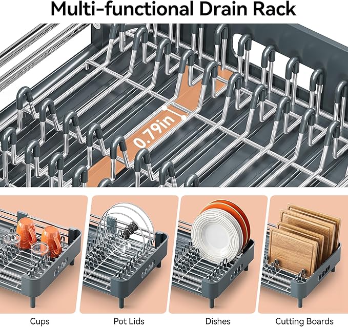 Urackify Stainless Steel Dish Drying Rack - Dish Drainer for Kitchen Counter, Extendable Drainboard with Foldable, Space-Saving Cup & Bowl Organizer, Includes Knife and Utensil Holder, Matte-Green