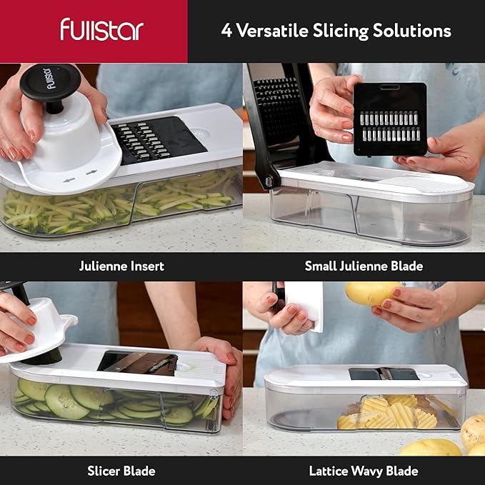 Fullstar Mandoline Slicer for Kitchen - Vegetable Chopper, Onion Potato Food Veggie Fruit Slicer and Cutter with Container, Kitchen Gadgets & Gifts, Home Essentials (10-in-1, White/Black)