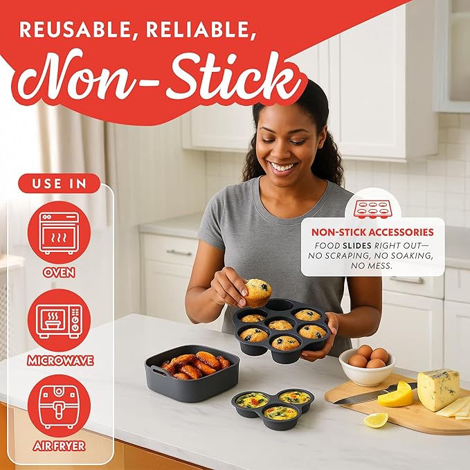 Gourmia Air Fryer Accessories Set - 3 Piece Silicone, Liner, Egg Bite Cooker, 7-Hole Cupcake Mold, BPA-Free, Nonstick, Heat Resistant 445°F, Dishwasher Safe, Food Grade
