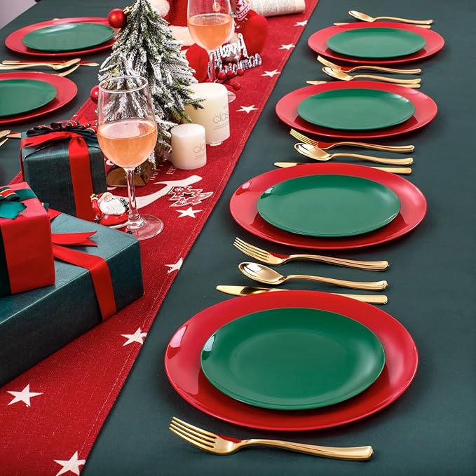 KIRE 60Pcs Plastic Plates, Premium Disposable Christmas Dinner & Dessert Plates, Modern Design, Green & Red, 30 of Each, All Seasons, 7.5inch/10.25inch, 0.1lbs, for Parties & Easter