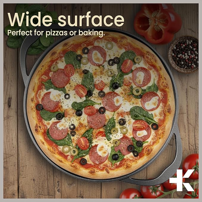 Bakken Cast Iron Pizza Pan 14 Inch, Naturally Pre-Seasoned Nonstick Baking Pan, Heavy-Duty for Oven, Grill, Stovetop, or Campfire, Dual Handles, Heat Retention for Crispy Crust Results, Easy to Clean