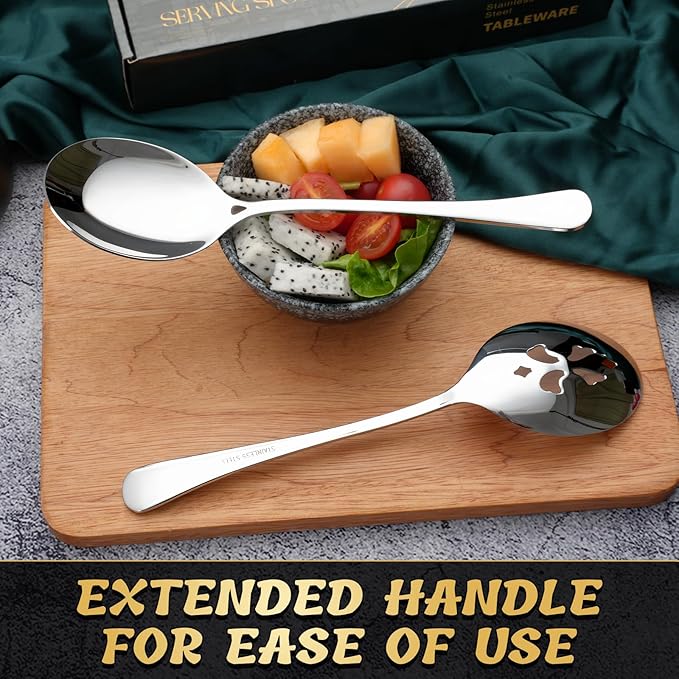 4 Piece Stainless Steel Serving Spoon Set - 2 Large, 2 Slotted,Dishwasher Safe,10-Inch, for Parties/Kitchen/Buffet/Catering