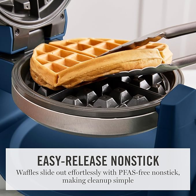 Martha Stewart Rotating Waffle Maker, 180° Flip Iron with PFAS-Free Nonstick Plates, Adjustable Timer, Ready Light, Drip Tray, Space Saving, Classic Round 7”, Easy to Clean, Stainless Steel, Indigo