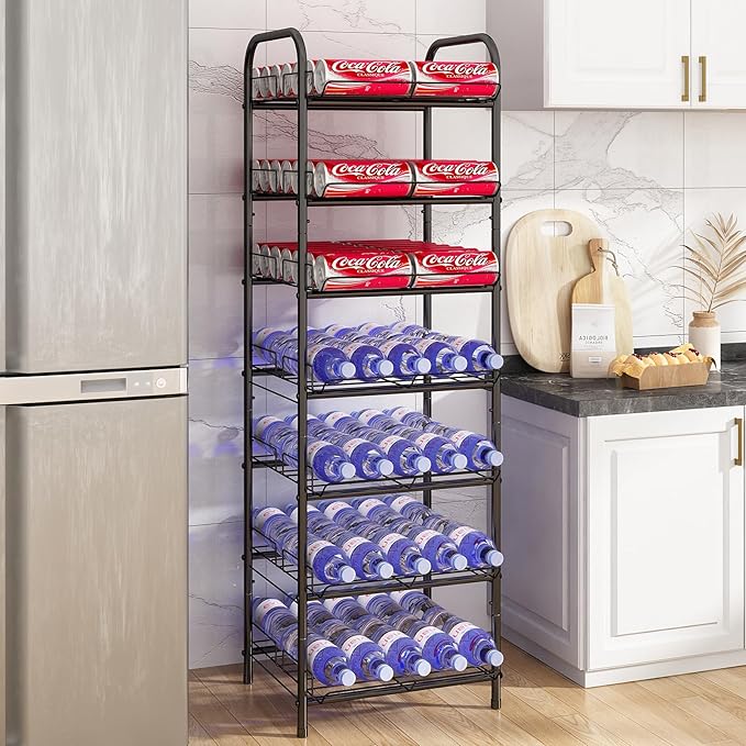 GILLAS 7 Tier Without Wooden Top Water Bottle Storage Rack, Free Standing Vertical Metal,Water Bottle Organizer, Large Capacity Bottled Rack Water Holder Stand for Cabinet Kitchen Party Pantry,Black