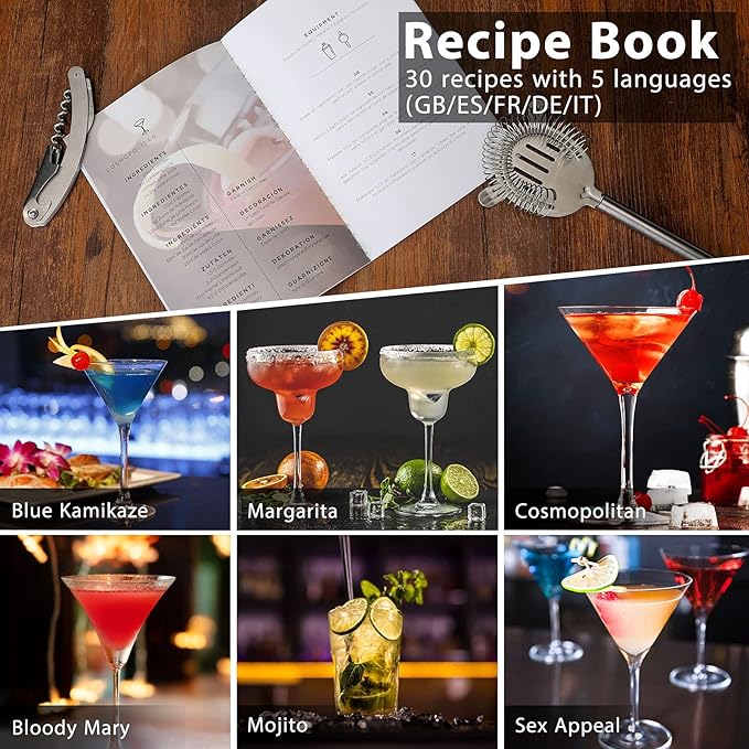 Cocktail Shaker Set Bartender Kit, Godmorn 15Pcs Bartender Shaker Set, 304 Stainless Steel Martini Shaker and Strainer, Bar Tool Set with Bamboo Stand, Recipe Book, for Home and Bar Party