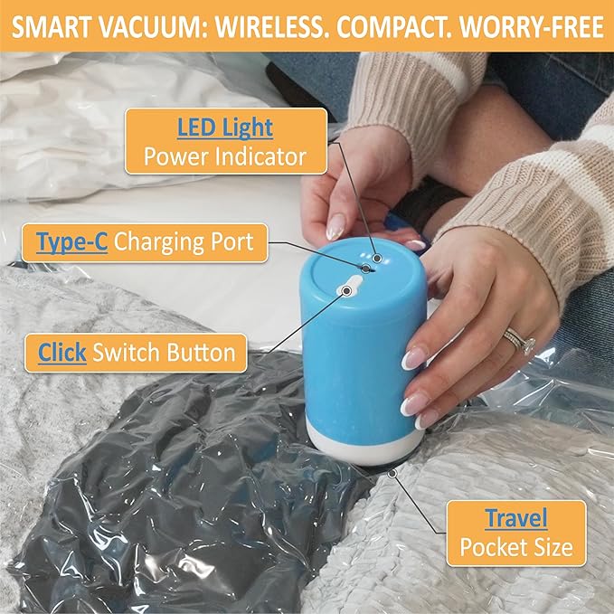 22 Pack Vacuum Storage Bags with Portable Electric Pump, Vacuum Seal Space Saver Bags for Clothing, Pillows, Blanket, Bedding, Comforters