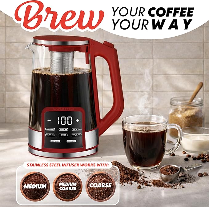 Gourmia Electric Glass Kettle – 1.7L Programmable Tea & Coffee Brewer with Digital Touch Display, 6 Presets, Removable Stainless Steel Infuser, Cordless with 360° Swivel Base, Red