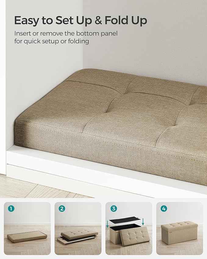 SONGMICS Mazie Collection - 30 Inches Folding Storage Ottoman Bench, Ottoman Foot Rest, End of Bed Bench, Storage Chest, Load 660 lb, for Living Room, Bedroom, Entryway, Camel Brown ULSF047R01